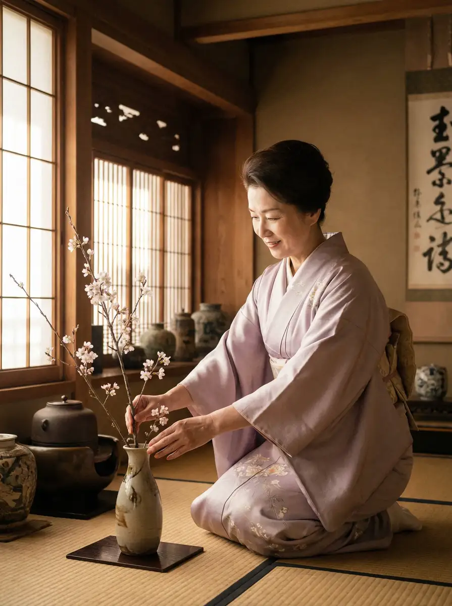 一位优雅的 末世地狱降临 在和室中插花